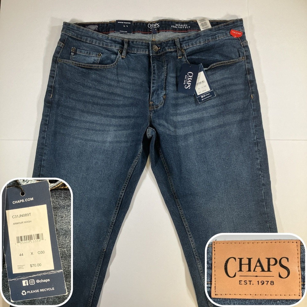 Chaps Jeans Mens 44x30 Armour Wash Relaxed Straight Fit Stretch Denim NWT